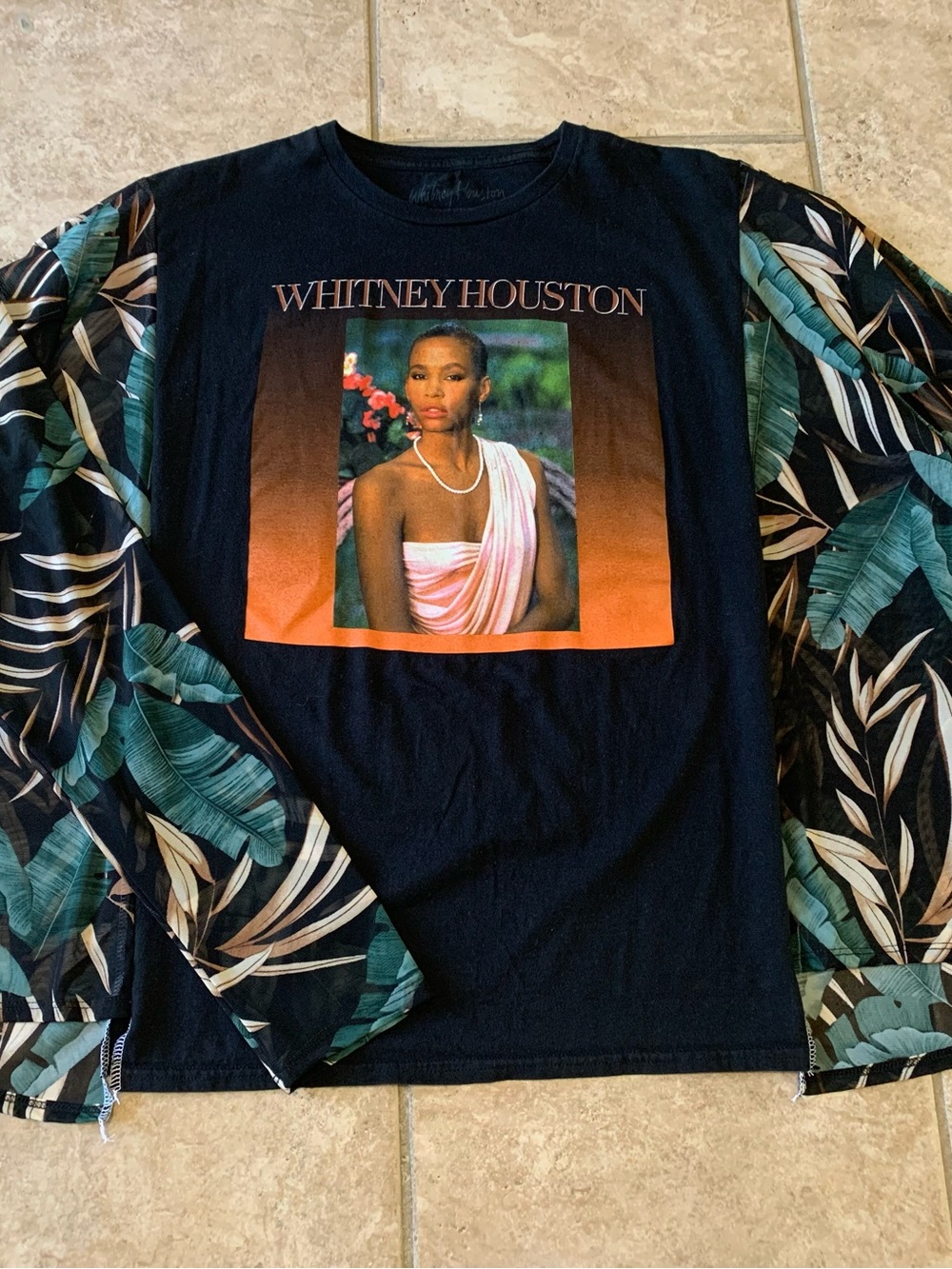 Whitney Houston Black Long Sleeve Tee with Green Leaf Sleeves Upcycled